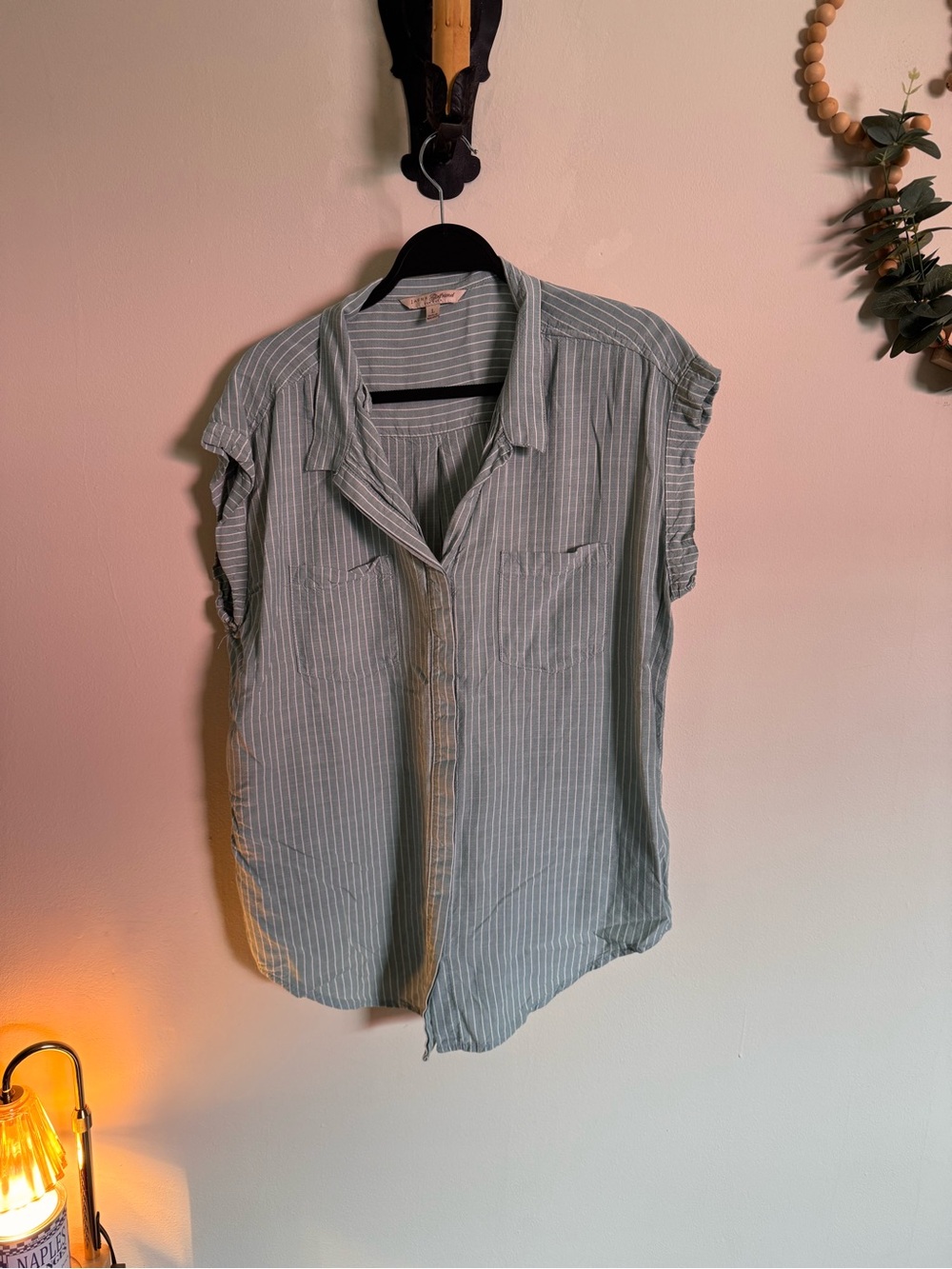 Jachs Light Green Striped Button-Down Cap-Sleeve Shirt